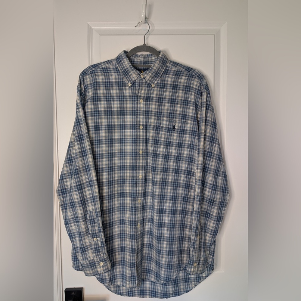 Ralph Lauren Indigo Blue Plaid Oxford Lightweight Cotton Button Down Shirt Sz M